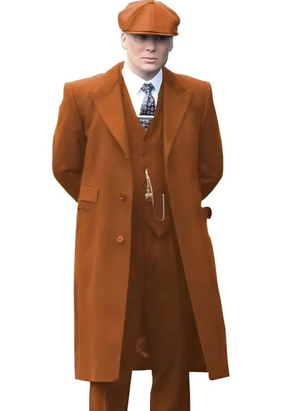 Mens Orange Wool Overcoat - Orange Topcoat Peak Lapel Ticket Pocket 1   - from alligatorwarehouse.com