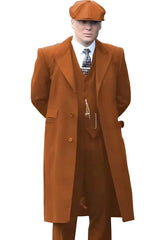 Mens Orange Wool Overcoat - Orange Topcoat Peak Lapel Ticket Pocket