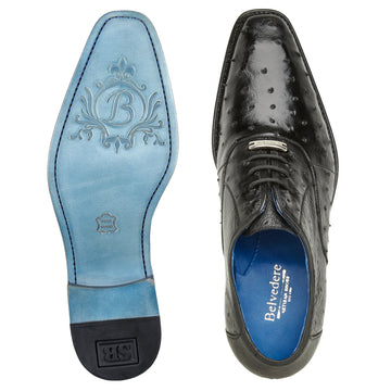 Men's Belvedere Orlando Ostrich Quill Plain Toe Dress Shoe in Black 3 MEN D01 BLACK-M-14  - from alligatorwarehouse.com