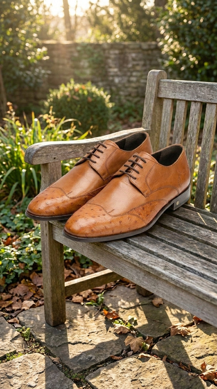 Men’s Cognac Vestigium Genuine Ostrich Derby Shoes, Handcrafted Full Leather Dress Shoes