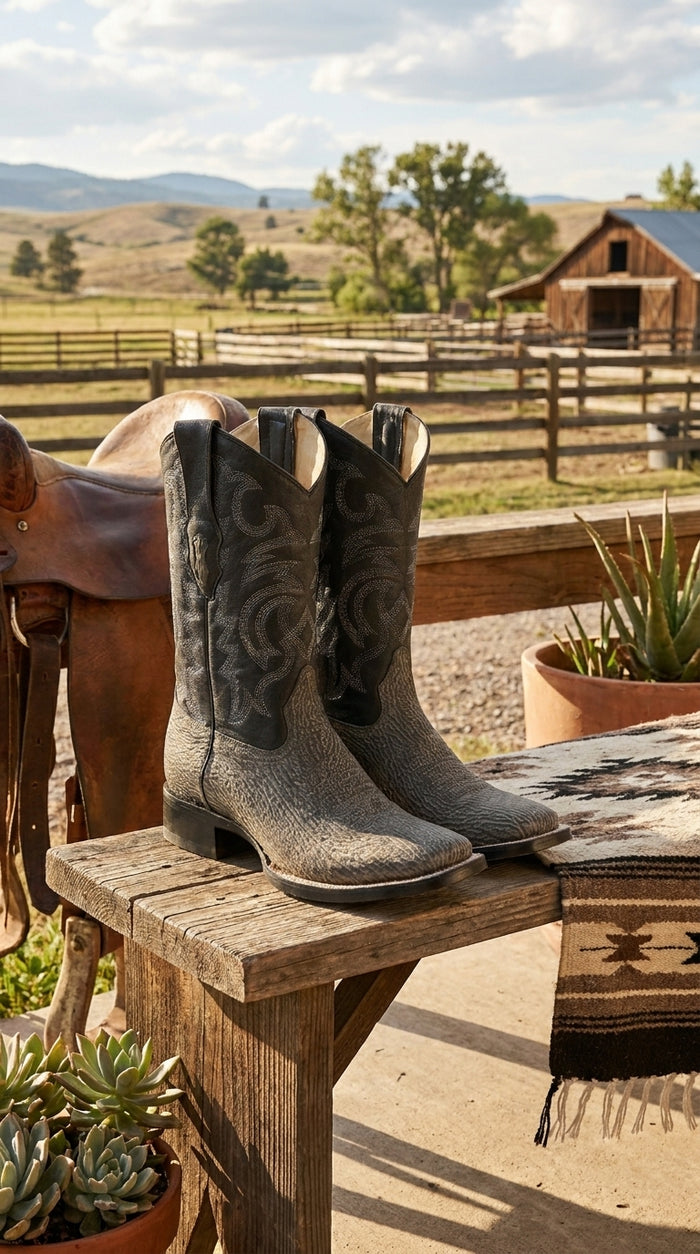 Men’s Los Altos Grey and Black Shark Skin Wide Square Toe Cowboy Boots, Exotic Western Dress Boots