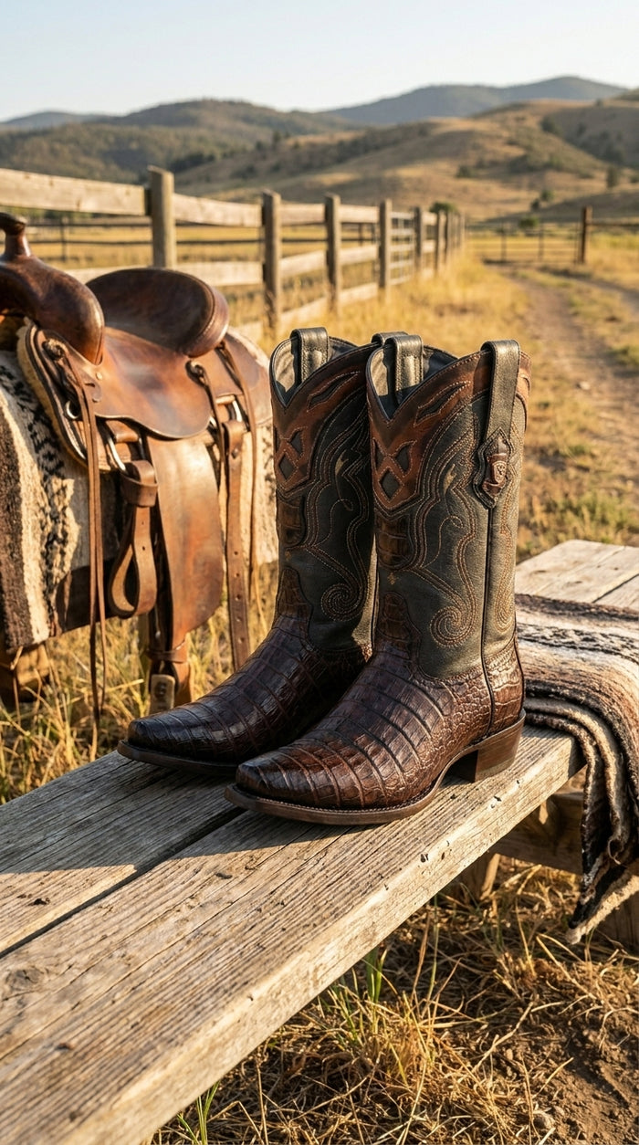 Men’s Brown Caiman Snip Toe Cowboy Boots with Embroidered Shaft, Exotic Western Dress Boots