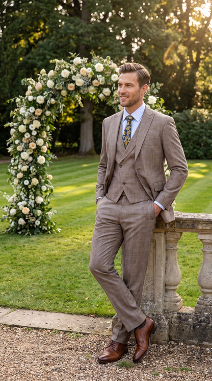 Men’s Tan Plaid 3 Piece Suit, 2 Button Vested Peak Lapel Formal Wedding Business Suit