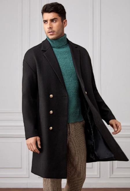 Men Lapel Collar Double Breasted Overcoat