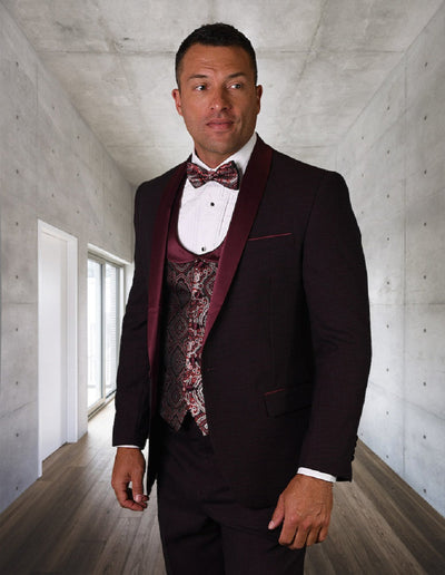 Mens One Button Shawl Tuxedo with Paisley Scoop Neck Vest in Burgundy 1 PALMERO_BURGUNDY_36S  - from alligatorwarehouse.com