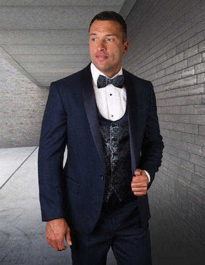 Mens One Button Shawl Tuxedo with Paisley Scoop Neck Vest in Indigo Blue 1 PALMERO_INDIGO_36S  - from alligatorwarehouse.com