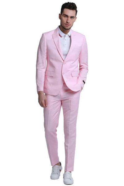 Men's Two Button Peak Lapel Summer Linen Style Beach Wedding Suit in Pink 2   - from alligatorwarehouse.com