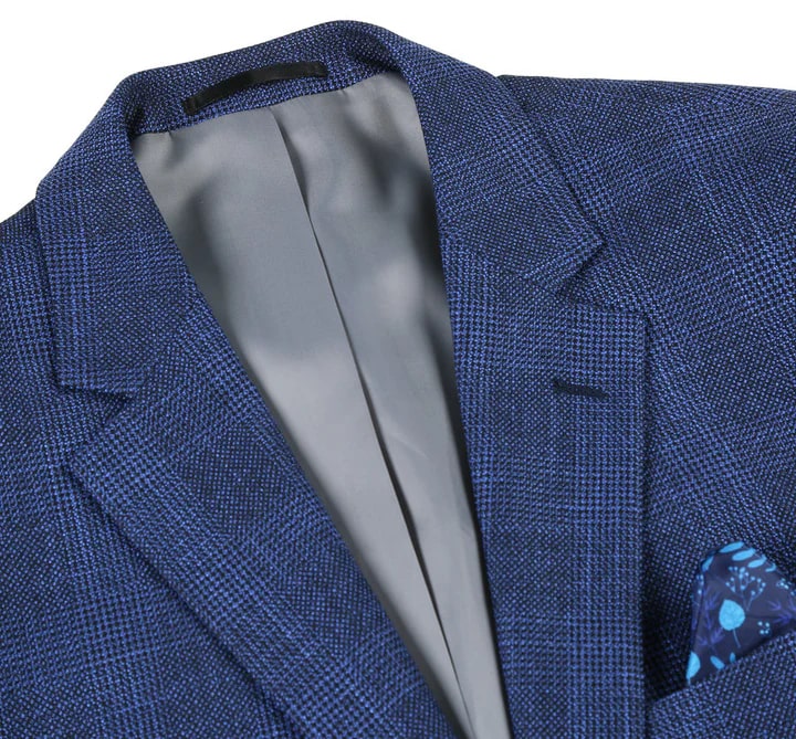 Mens Two Button Classic Fit Sport Coat Blazer In Navy Blue Windowpane Plaid