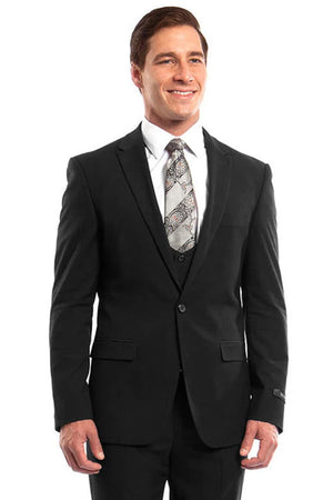 Men's One Button Peak Lapel Skinny Wedding  Prom Suit with Lowcut Vest in Black