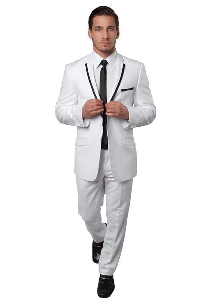 Men's Two Button Slim Fit Wedding  Prom Tuxedo Suit in White with Black Piping 2 HQ-7530  - from alligatorwarehouse.com