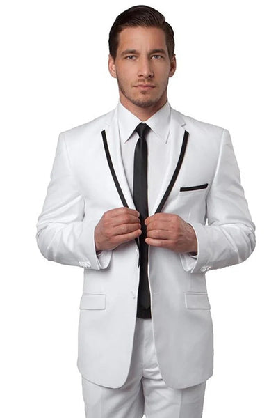 Men's Two Button Slim Fit Wedding  Prom Tuxedo Suit in White with Black Piping 1 HQ-7530  - from alligatorwarehouse.com