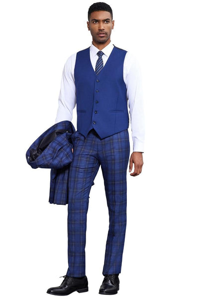 Men's Stacy Adams Bold Windowpane Plaid Print Vested Suit in Midnight Blue 4 SM177H1-26-38R  - from alligatorwarehouse.com
