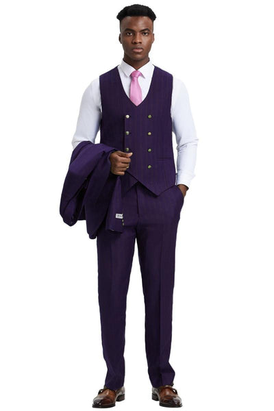 Men's Stacy Adams Vested One Button Side Peak Lapel Pinstripe Suit in Eggplant Purple 3 SM165H1-11-38R  - from alligatorwarehouse.com