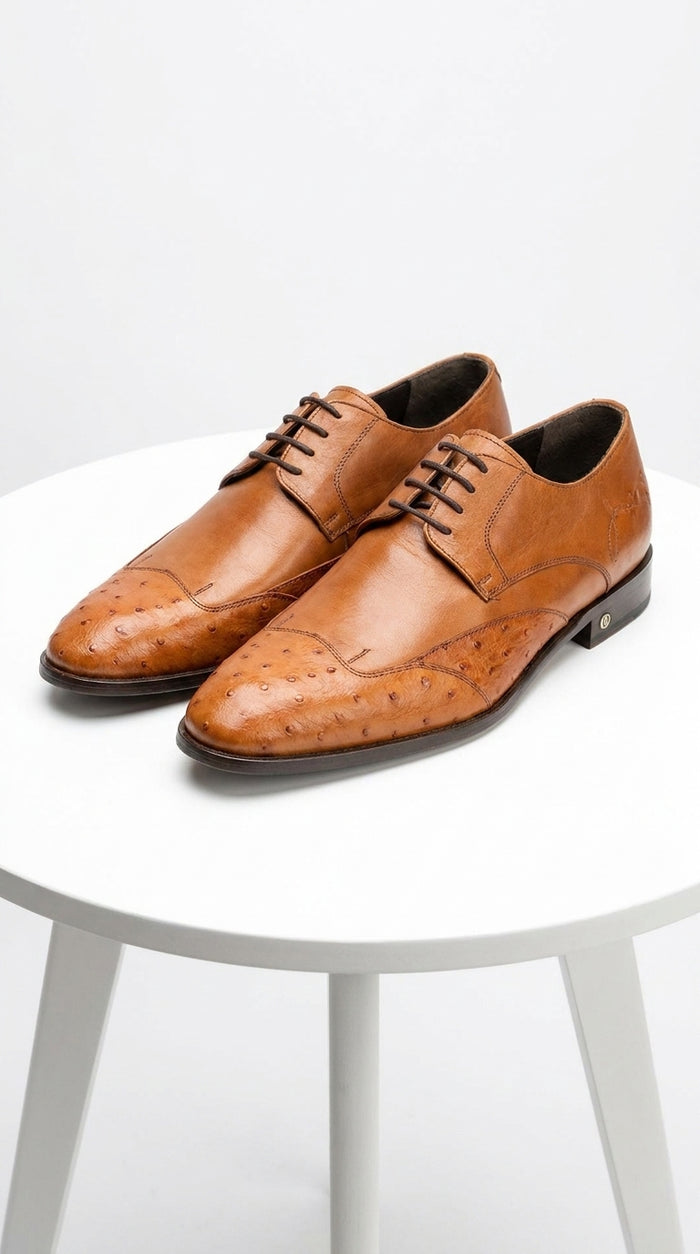 Men’s Cognac Vestigium Genuine Ostrich Derby Shoes, Handcrafted Full Leather Dress Shoes