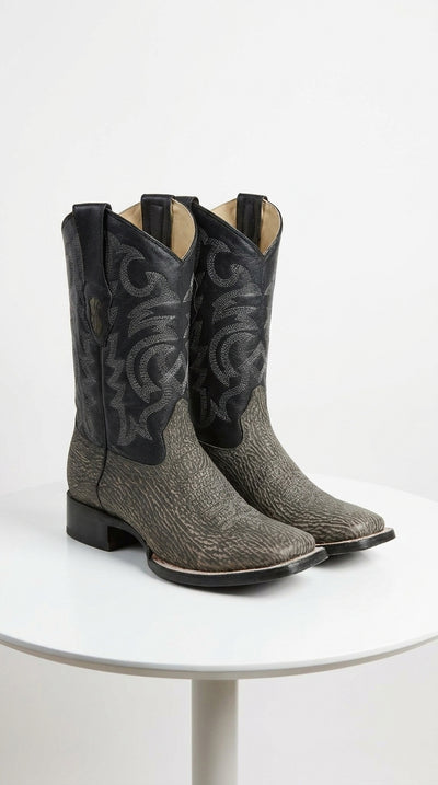Men’s Los Altos Grey and Black Shark Skin Wide Square Toe Cowboy Boots, Exotic Western Dress Boots