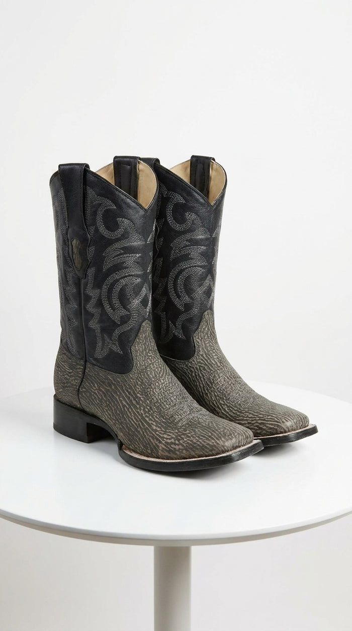 Men’s Los Altos Grey and Black Shark Skin Wide Square Toe Cowboy Boots, Exotic Western Dress Boots