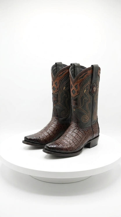 Men’s Brown Caiman Snip Toe Cowboy Boots with Embroidered Shaft, Exotic Western Dress Boots