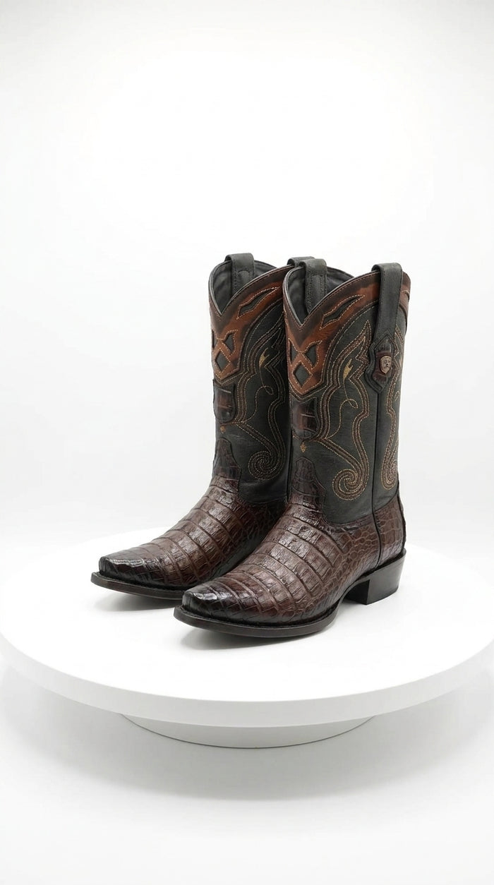 Men’s Brown Caiman Snip Toe Cowboy Boots with Embroidered Shaft, Exotic Western Dress Boots