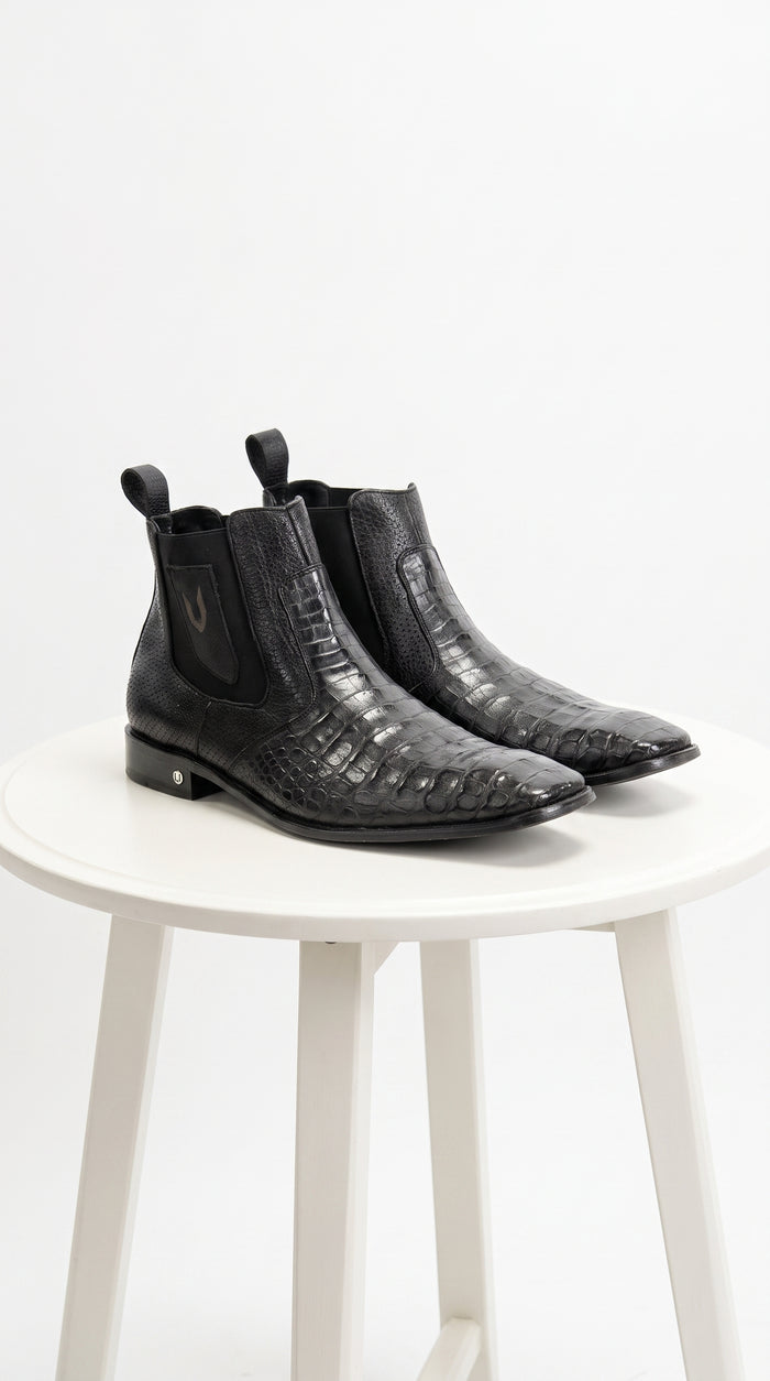 Men’s Black Vestigium Genuine Caiman Belly Chelsea Boots, Exotic Leather Dress Boots