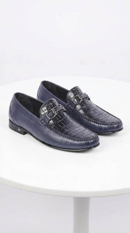 Lombardy Men’s Crocodile Calfskin Bit Loafers, Exotic Dress Casual Slip-On Shoes