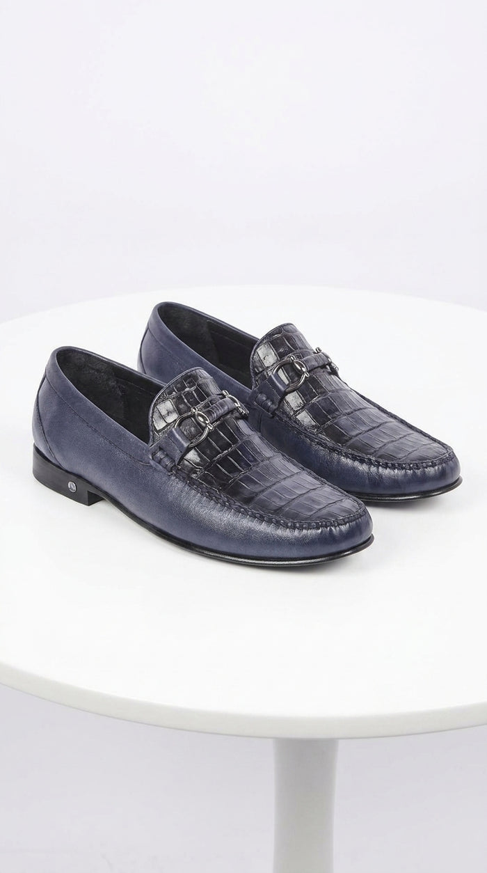 Lombardy Men’s Crocodile Calfskin Bit Loafers, Exotic Dress Casual Slip-On Shoes