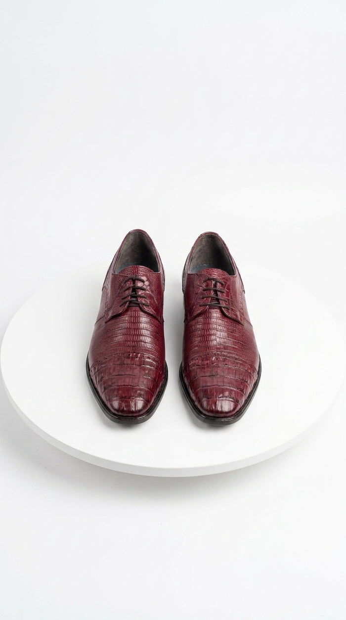 Men’s Los Altos Burgundy Lizard Crocodile Bike Toe Shoes, Exotic Lace Up Dress Shoes