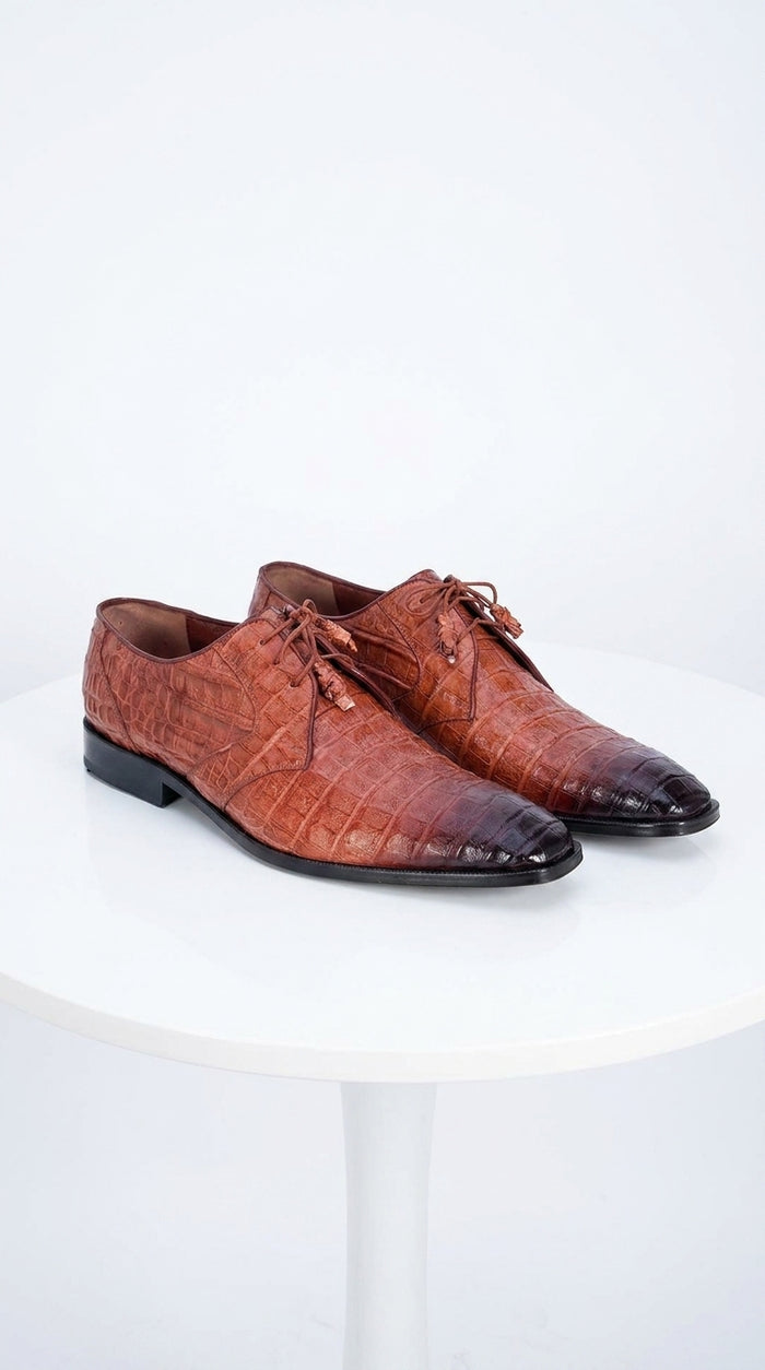Men’s Los Altos Cognac Crocodile Italian Toe Shoes, Exotic Lace Up Dress Shoes