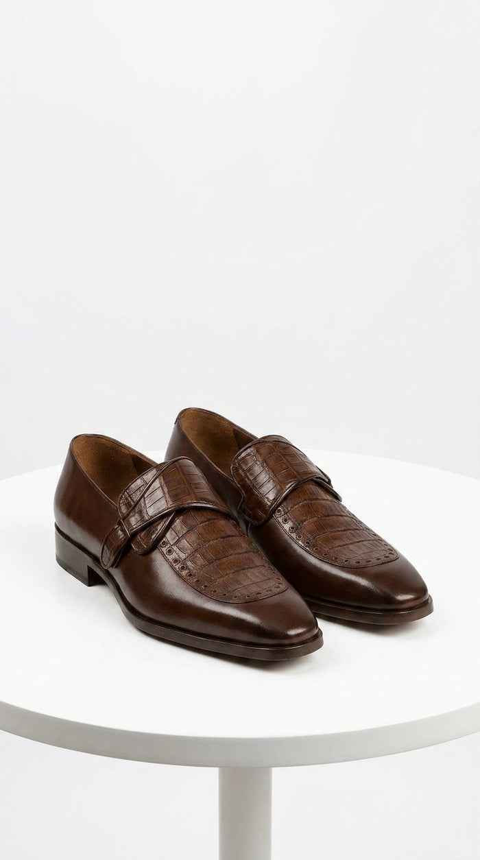 Lombardy Men’s Caiman Belly and Calfskin Monkstrap Dress Shoes, Black and Brown Exotic Formal Shoes