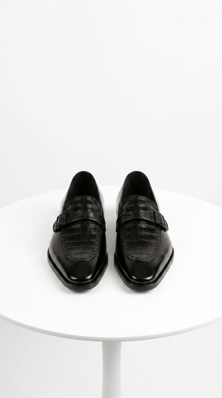 Lombardy Men’s Caiman Belly and Calfskin Monkstrap Dress Shoes, Black and Brown Exotic Formal Shoes