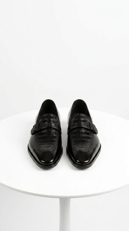 Lombardy Men’s Caiman Belly and Calfskin Monkstrap Dress Shoes, Black and Brown Exotic Formal Shoes