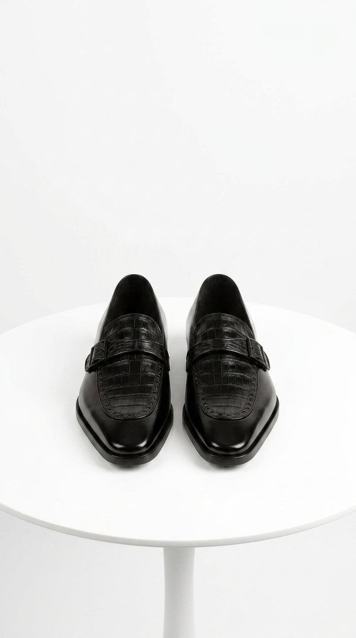Lombardy Men’s Caiman Belly and Calfskin Monkstrap Dress Shoes, Black and Brown Exotic Formal Shoes