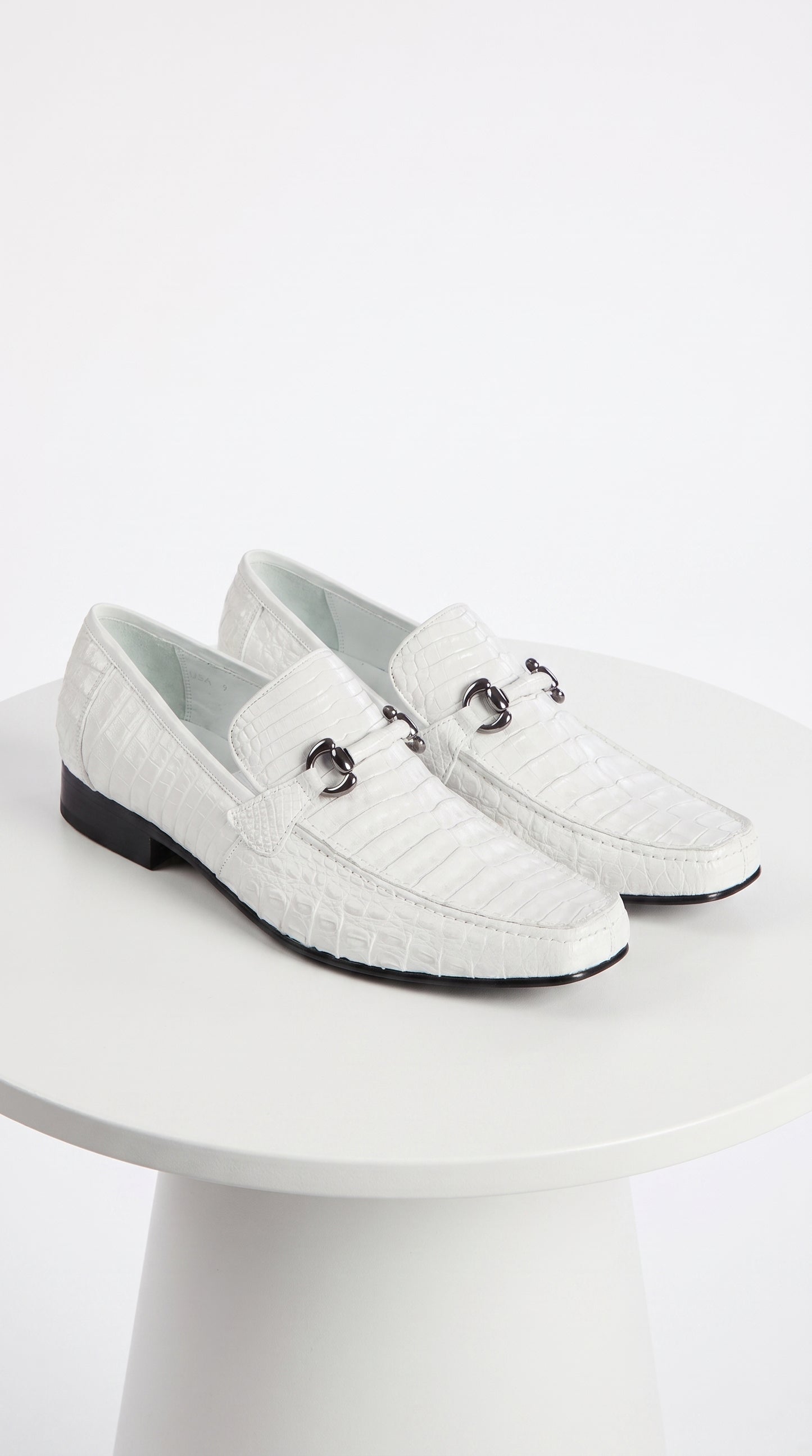 Men’s Los Altos White Caiman Belly Dress Shoes, Leather Sole Bit Loafers for Formal Wear