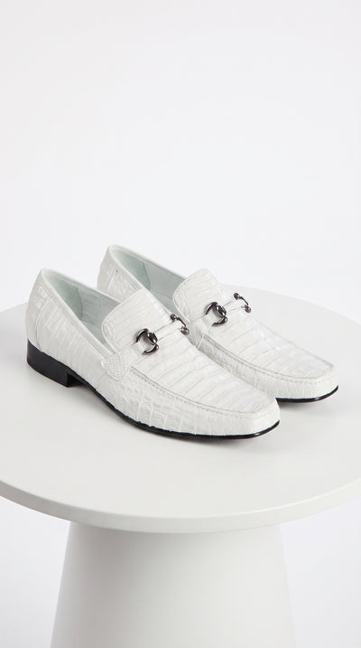 Men’s Los Altos White Caiman Belly Dress Shoes, Leather Sole Bit Loafers for Formal Wear