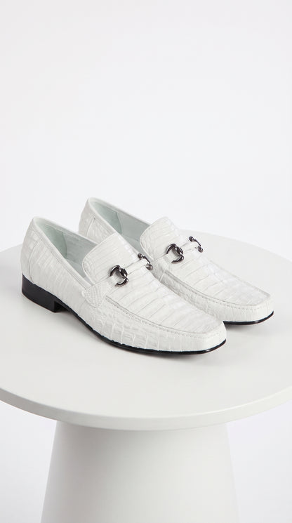 Men’s Los Altos White Caiman Belly Dress Shoes, Leather Sole Bit Loafers for Formal Wear
