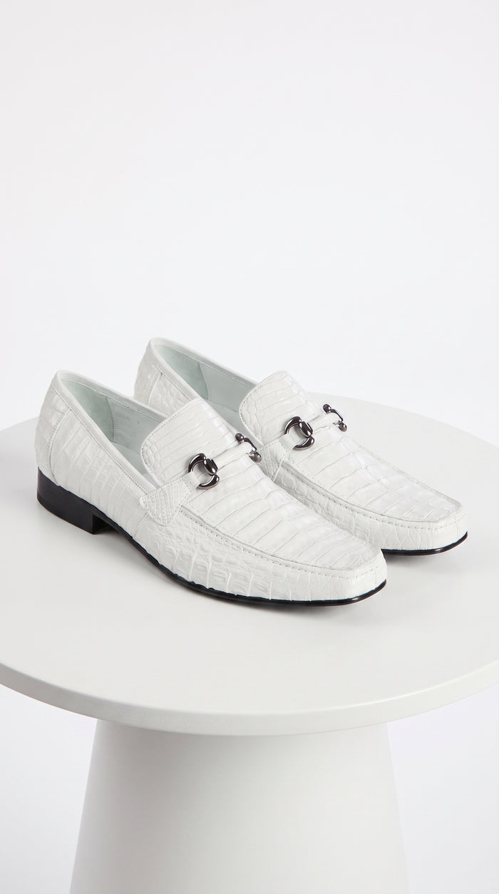 Men’s Los Altos White Caiman Belly Dress Shoes, Leather Sole Bit Loafers for Formal Wear