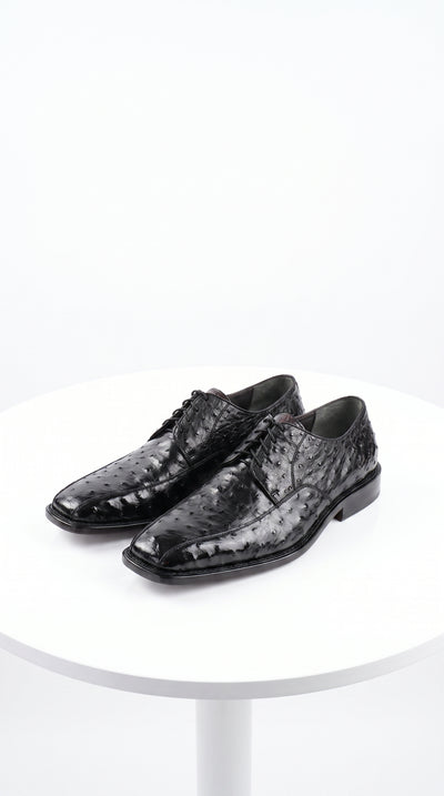 Men’s Los Altos Black Full Quill Ostrich Lace-Up Dress Shoes, Bicycle Toe Formal Shoes
