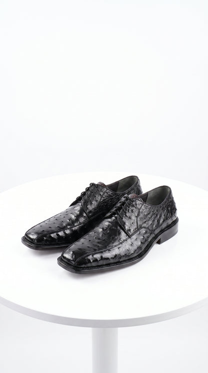 Men’s Los Altos Black Full Quill Ostrich Lace-Up Dress Shoes, Bicycle Toe Formal Shoes