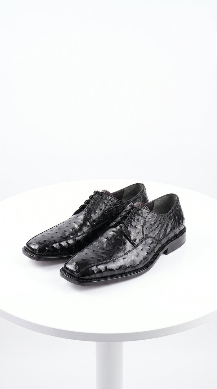Men’s Los Altos Black Full Quill Ostrich Lace-Up Dress Shoes, Bicycle Toe Formal Shoes