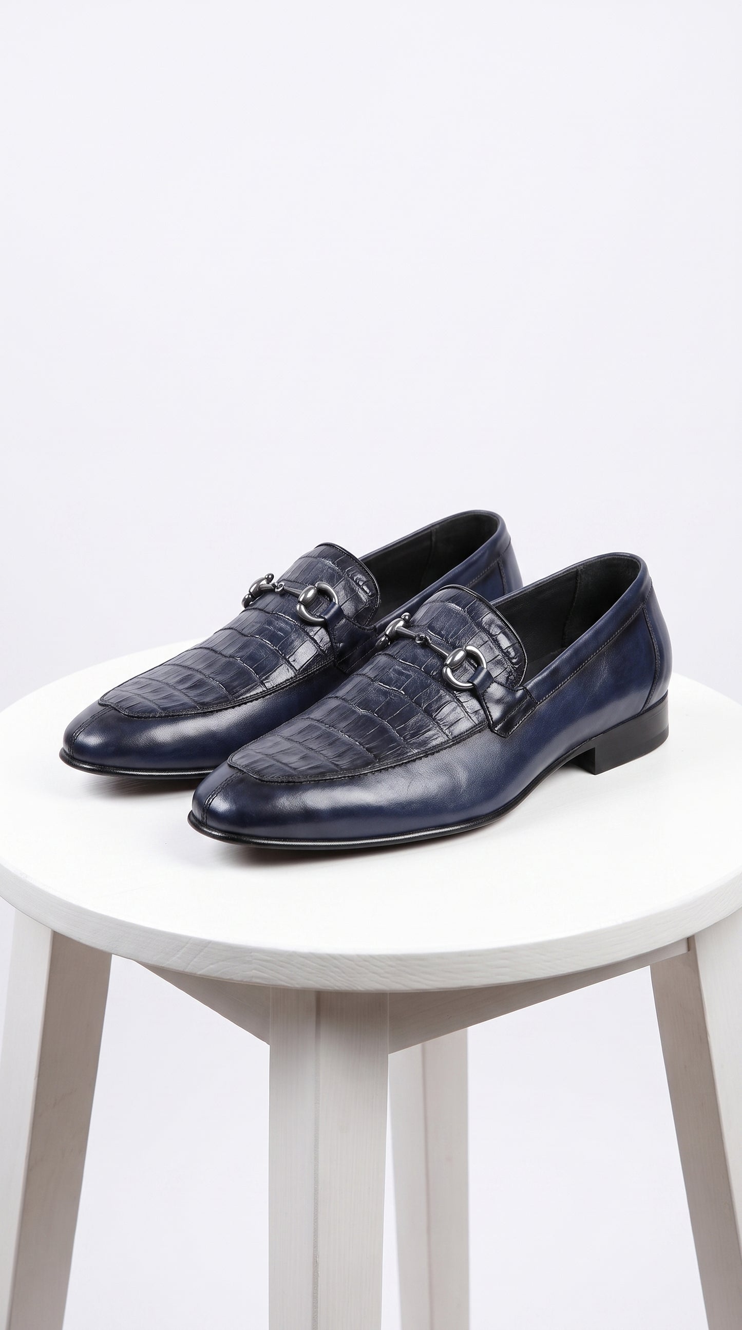 Men’s Navy Genuine Crocodile and Calfskin Leather Slip-On Dress Shoes, Exotic Bit Loafers