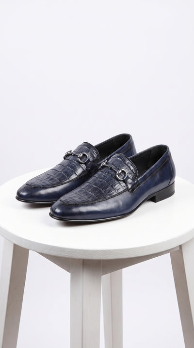 Men’s Navy Genuine Crocodile and Calfskin Leather Slip-On Dress Shoes, Exotic Bit Loafers