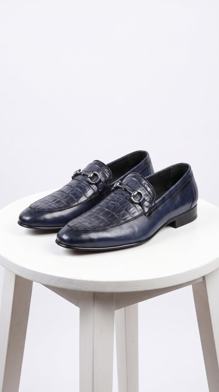 Men’s Navy Genuine Crocodile and Calfskin Leather Slip-On Dress Shoes, Exotic Bit Loafers