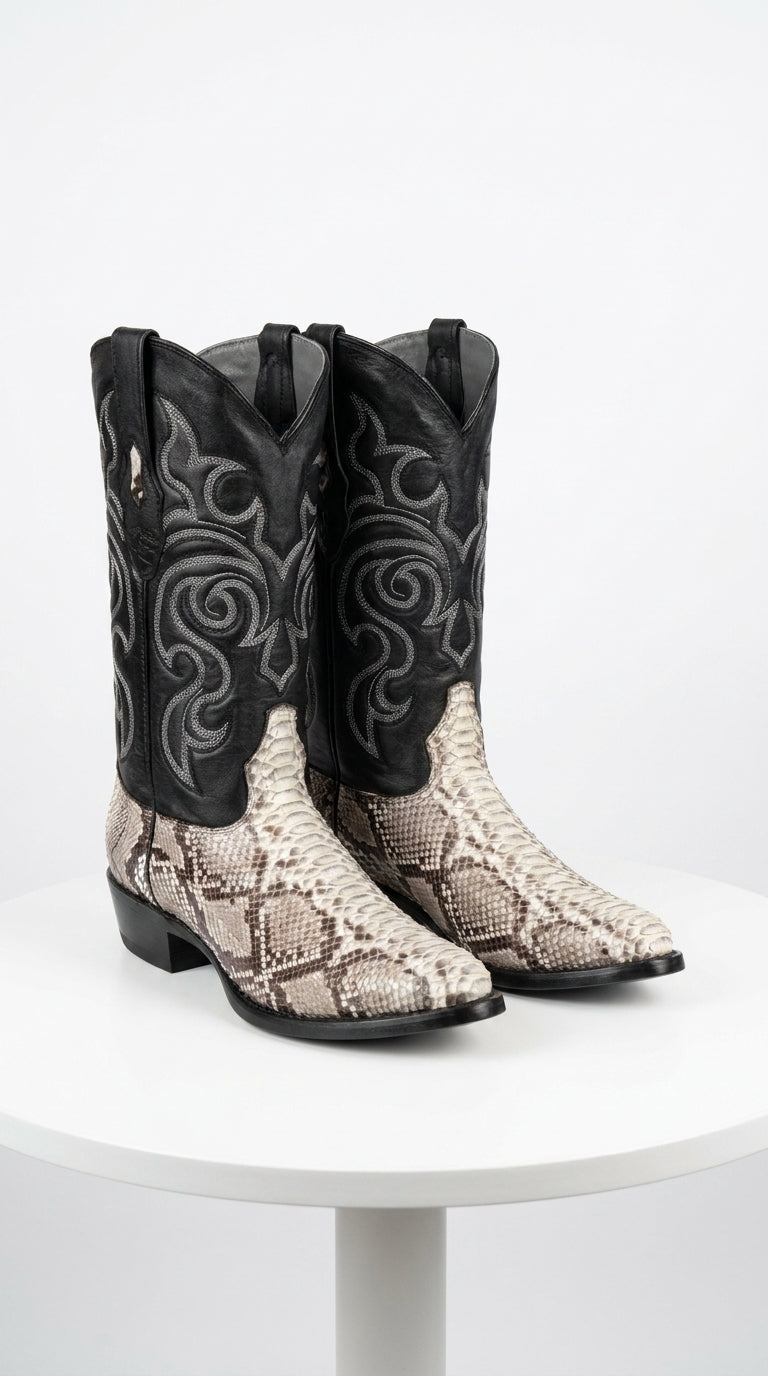 Men’s Los Altos Natural Python Snakeskin Round Toe Boots, Exotic Western Cowboy Dress Boots