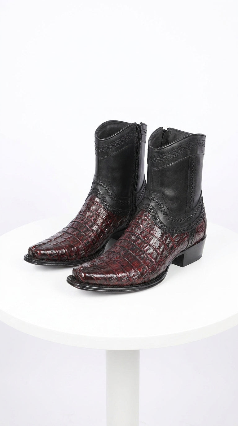 Men’s Los Altos Black Cherry Caiman Tail Low Shaft Boots, European Square Toe Dress Boots