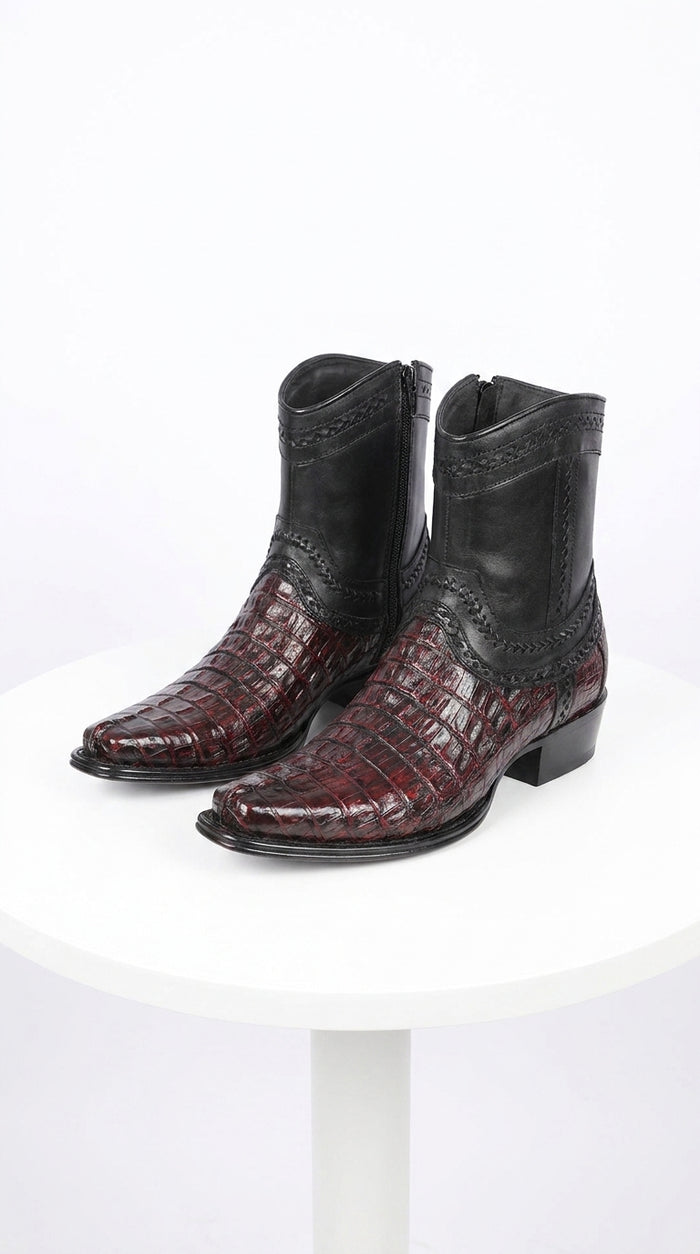Men’s Los Altos Black Cherry Caiman Tail Low Shaft Boots, European Square Toe Dress Boots