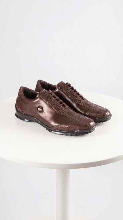 Men’s Los Altos Brown Caiman Crocodile Patchwork Casual Shoes, Exotic Leather Lace-Up Shoes