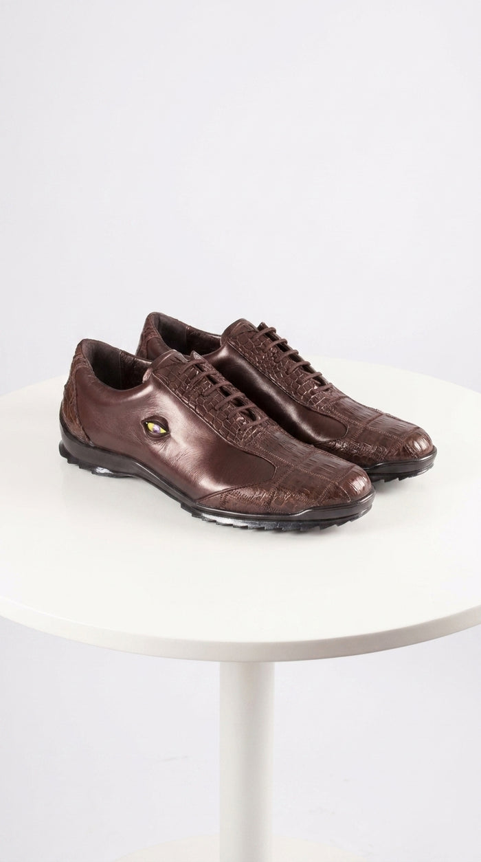 Men’s Los Altos Brown Caiman Crocodile Patchwork Casual Shoes, Exotic Leather Lace-Up Shoes