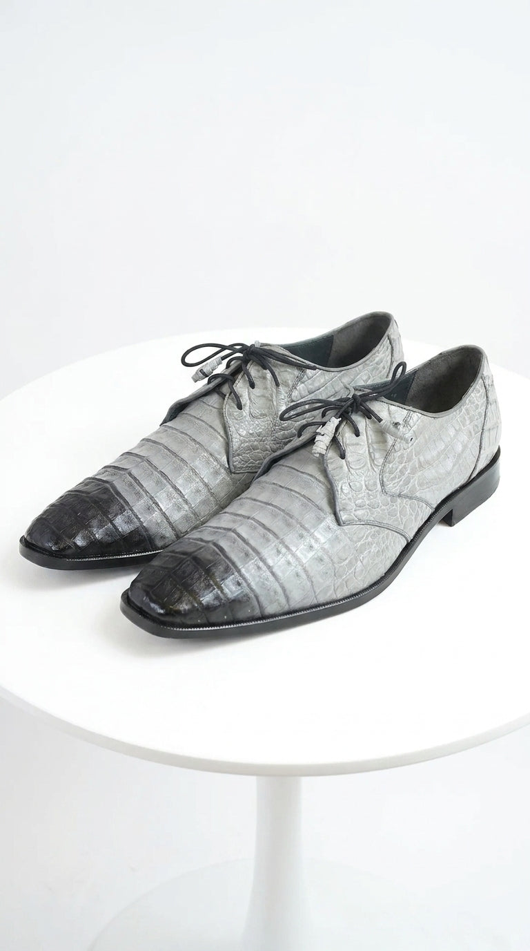 Men’s Los Altos Gray Two Tone Genuine Caiman Belly Lace-Up Oxford Shoes, Exotic Dress Shoes
