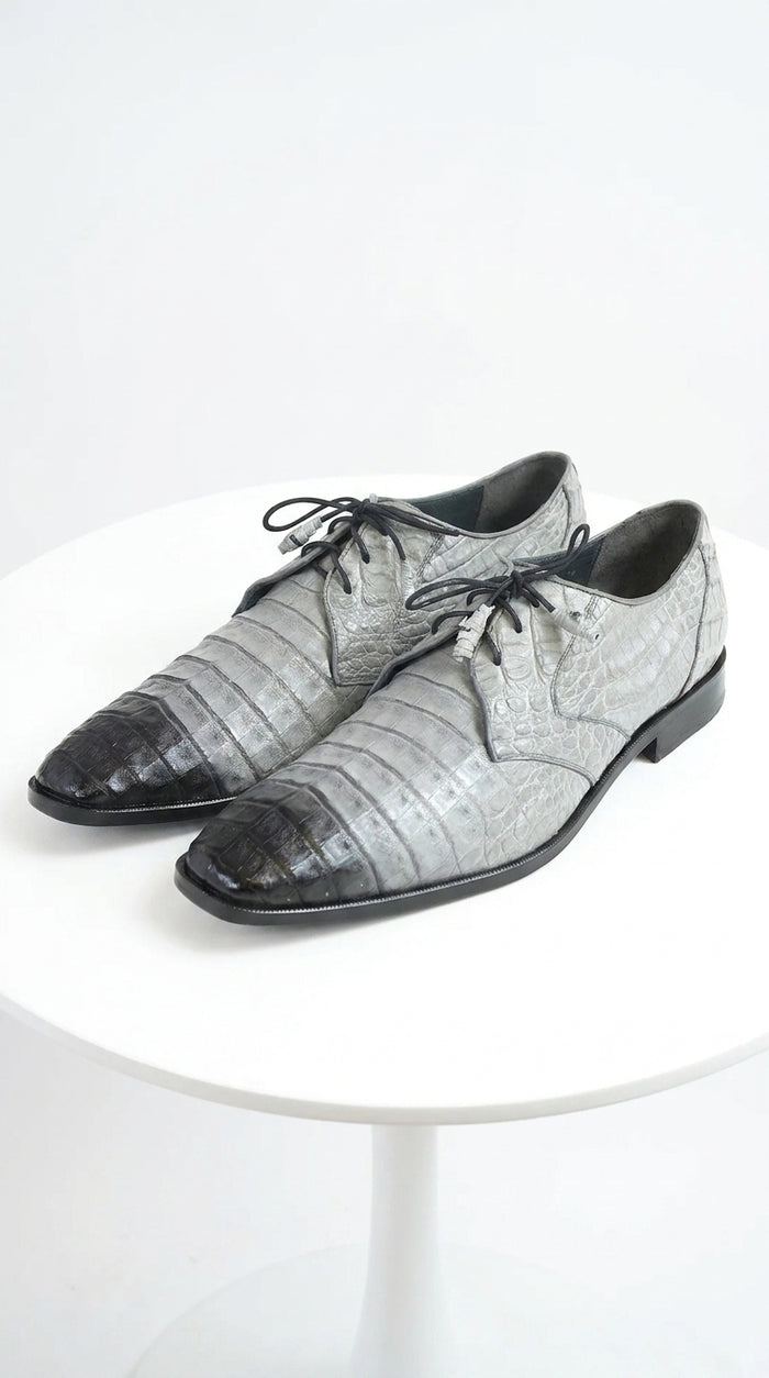 Men’s Los Altos Gray Two Tone Genuine Caiman Belly Lace-Up Oxford Shoes, Exotic Dress Shoes
