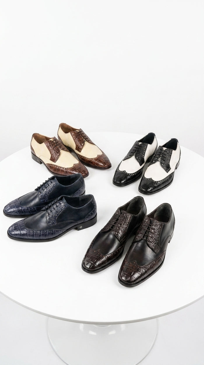 Lombardy Men’s Caiman Belly and Calfskin Wingtip Shoes, Exotic Lace-Up Dress Shoes