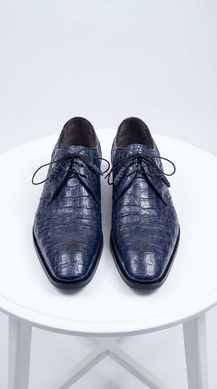 Men’s Los Altos Navy Blue Crocodile Italian Toe Shoes, Exotic Lace-Up Dress Shoes